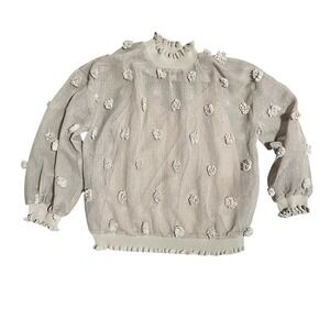 Entro Sheer Mock Neck Pom Pom Blouse Top Women's Beige Size‎ L